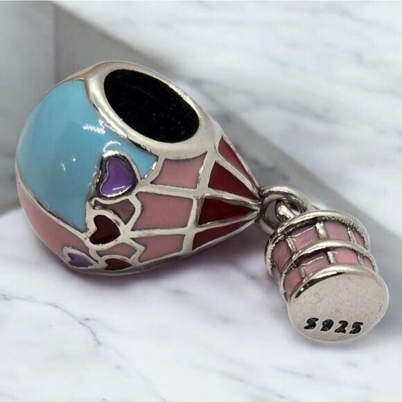 Hot Air Balloon Charm S925 Sterling Silver Pink Hearts Slide-On Bracelet Pendant - Picture 2 of 9